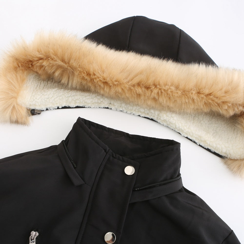 Hooded Women's Leather Parka Coat Lamb Velvet Cotton Padded Jacket - Carvan Mart