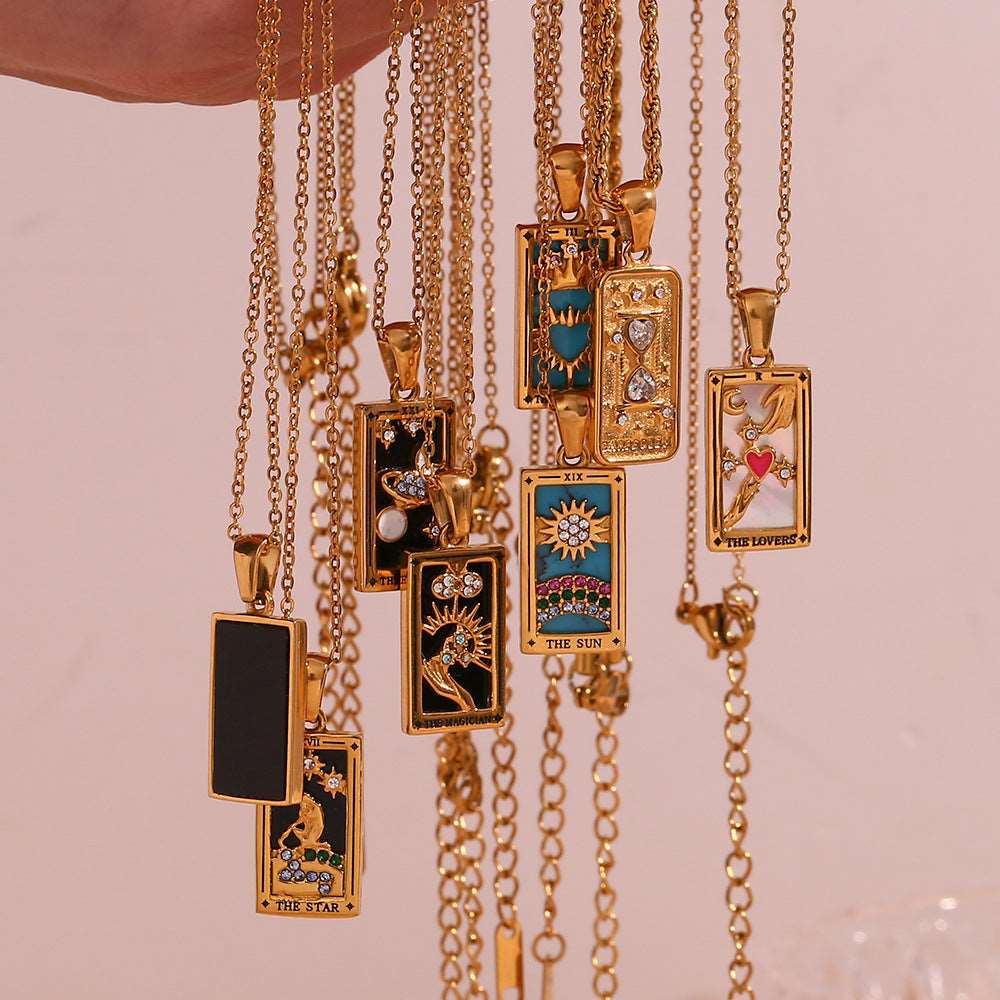 Fashion Tarot Necklace With Rhinestones Diamond Set Pendant Rectangular Drip Necklace Jewelry - Carvan Mart