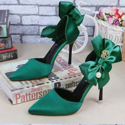 Women's Shoes Bow Pearl 10 cm Stiletto Heels Pointed Toe High Heels - Green - High Heels - Carvan Mart