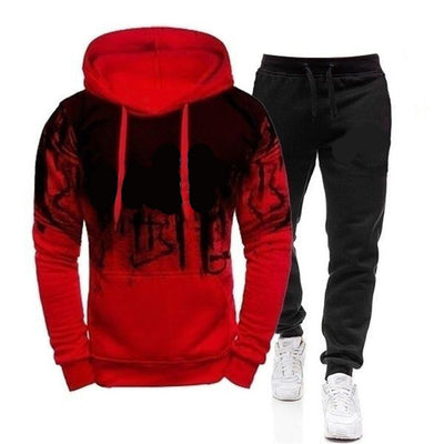 Men's Ink Printing Tracksuit Fashion Trend Long Sleeve Suit - Red - Men Suits & Sets - Carvan Mart