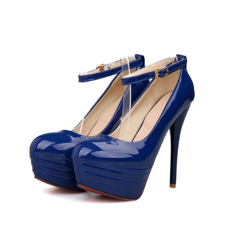 Women Pumps Round Toe Platform Thin Shiny Ladies Party High Heel Sandals - Blue - High Heels - Carvan Mart