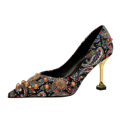 Elegant Paisley Print Gold Stiletto Heels with Embellished Details - Carvan Mart