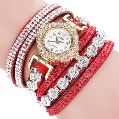 Relogio masculino Women Quartz Women PU Leather Rhinestone Watch Bracelet Watches - Red - Women's Watches - Carvan Mart