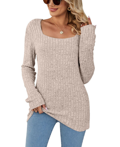 Square Collar Sunken Stripe Brushed Women's Casual Long Sleeve - Oatmeal Color - Winter Tops - Carvan Mart