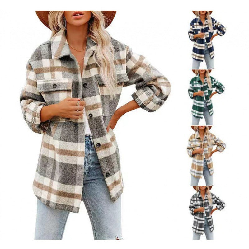 Women's Fashionable Woolen Plaid Shirt Jacket - Carvan Mart