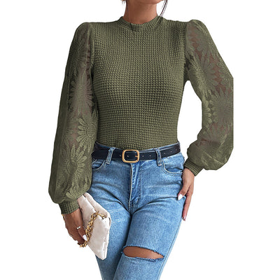 Knitwear Women's Lace Stitching Hollow-out Long-sleeved Top - Carvan Mart