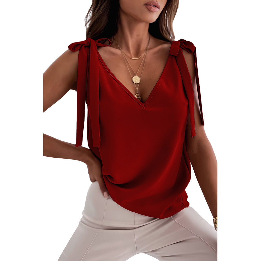 Bowknot Tie Up Camisole V-neck Shirt Women Summer Sleeveless Tank Top - Red - Winter Tops - Carvan Mart