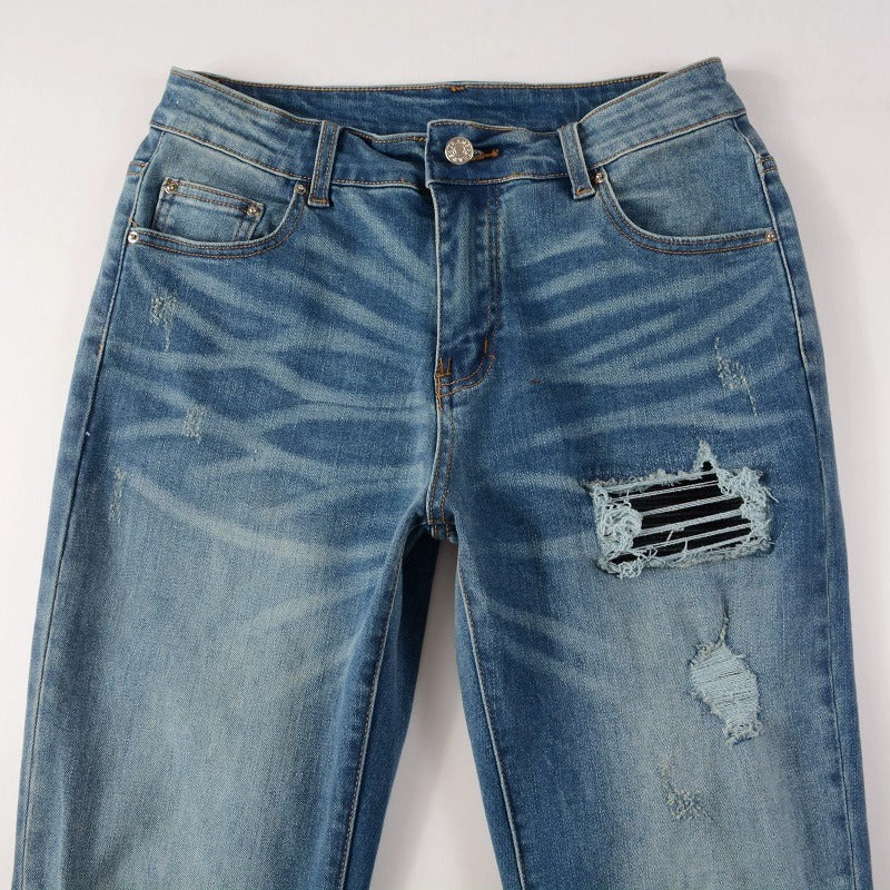 Patched Leather Pleats And Patchwork For Old Washed Light Colored Jeans For Men - Carvan Mart