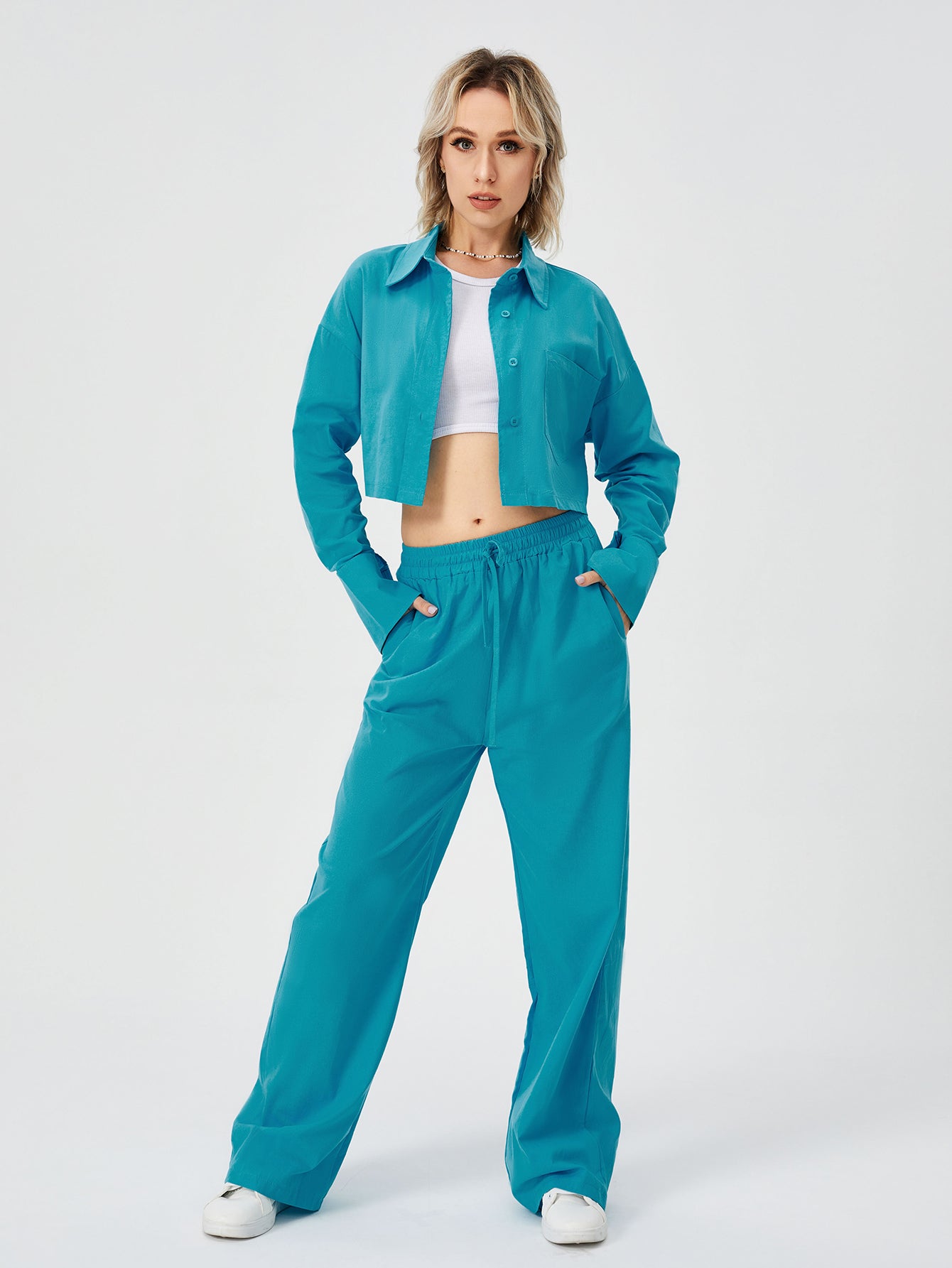 Women's Long Sleeve Button Down Wide Leg Loungewear Two Piece Pajama Set - Carvan Mart