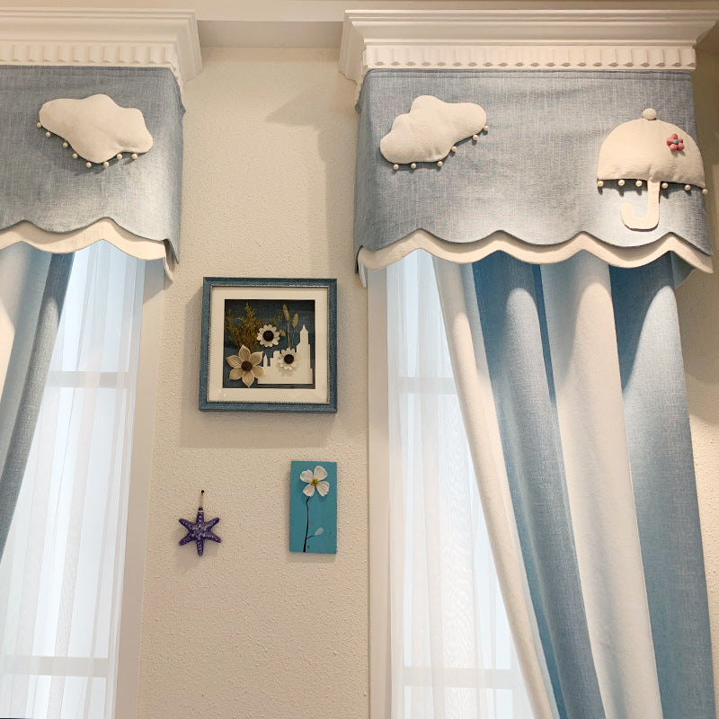 Simple Light Luxury Children's Room Cloud Yarn Blue And White Striped Cloth Chenille Curtain - Carvan Mart