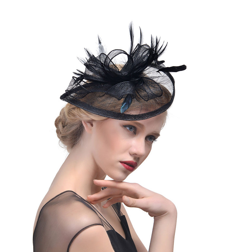 Fascinator Hat Hemp Yarn Banquet Net Top Hat Bridal Feather Hat - Black - Women's Hats & Caps - Carvan Mart