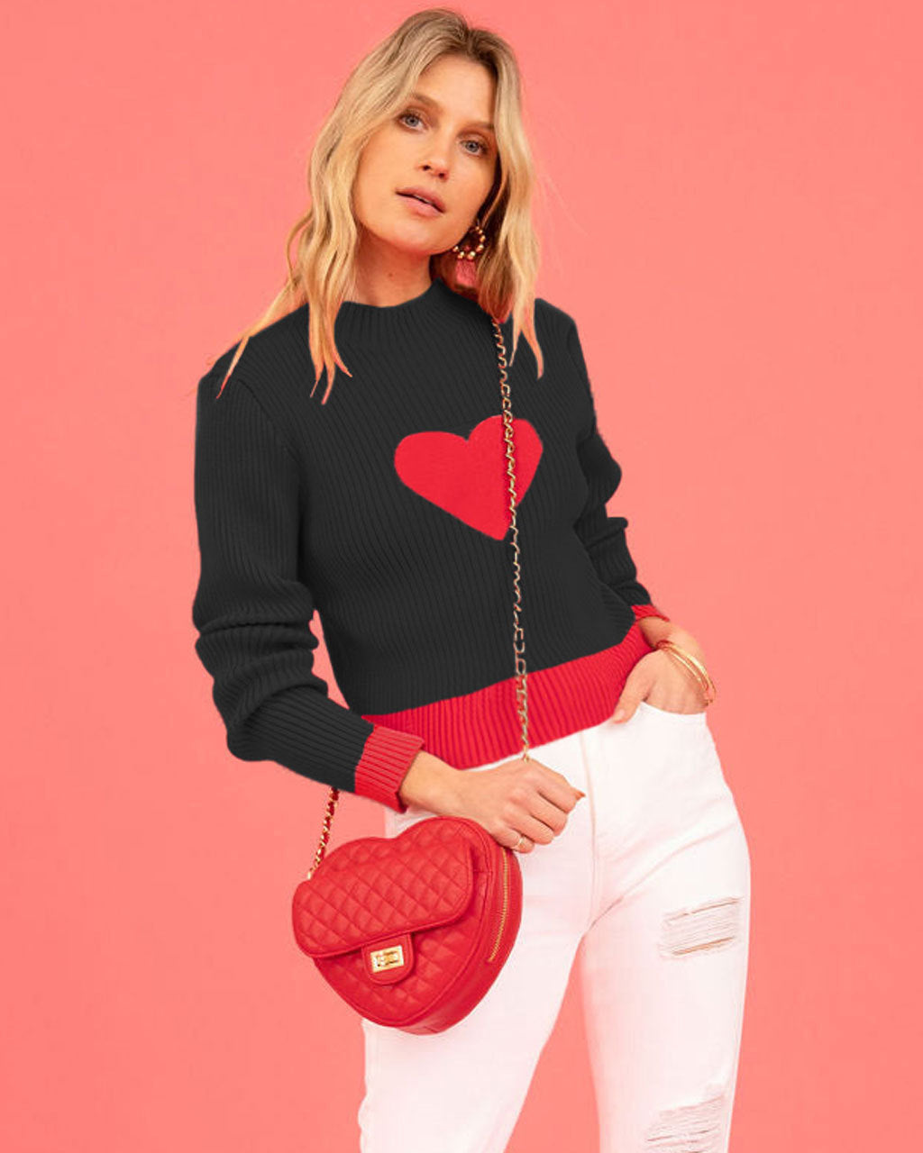 Women's Heart Sweater - Cute Color Block Knit Pullover - Black - Sweaters - Carvan Mart