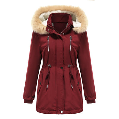 Hooded Women's Leather Parka Coat Lamb Velvet Cotton Padded Jacket - Wine Red - Leather & Suede - Carvan Mart