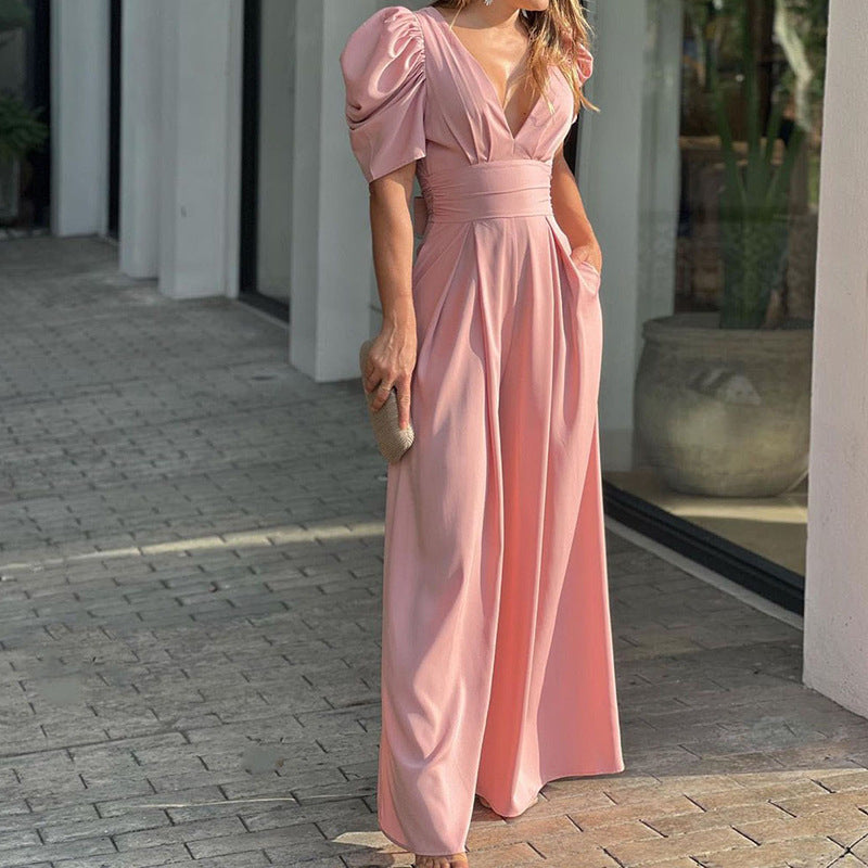 Elegant Jumpsuit Women's Plus Size Wide Leg Jumpsuit - Pink - Jumpsuits & Rompers - Carvan Mart