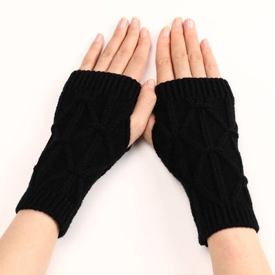 Rhombus Fashion Oversleeve Knitted Wool Keep Warm Half Finger Gloves - Black Average Size - Women Gloves & Mittens - Carvan Mart