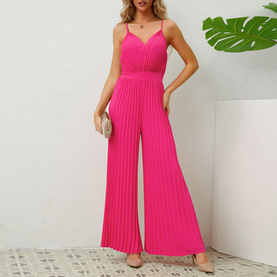 V-neck Suspender Pleated Jumpsuit Loose Straight Pants Women's Jumpsuit - Rose Red - Jumpsuits & Rompers - Carvan Mart