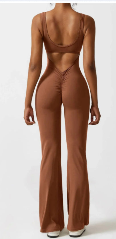 Women V-Back Flared Jumpsuit Bodysuit Casual Hollow Seamless Jumpsuit - Brown - Jumpsuits & Rompers - Carvan Mart