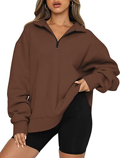 Women Sweatshirts Zip Turndown Collar Loose Casual Tops Clothes - Coffee - Women Hoodies & Sweatshirts - Carvan Mart