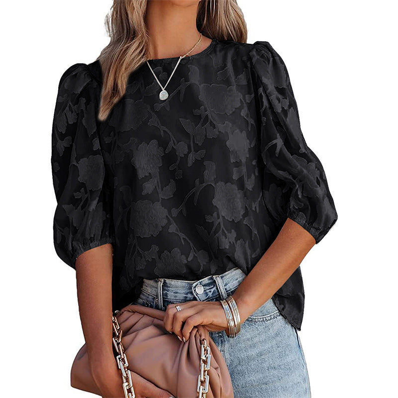 Women's Puff Sleeve Chiffon Loose Top Flower Texture Shirt - Carvan Mart