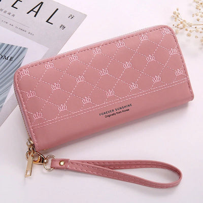 Long Crown Embroidery Thread Single Zip Clutch Wallet Women - Light Pink - Women's Wallet - Carvan Mart