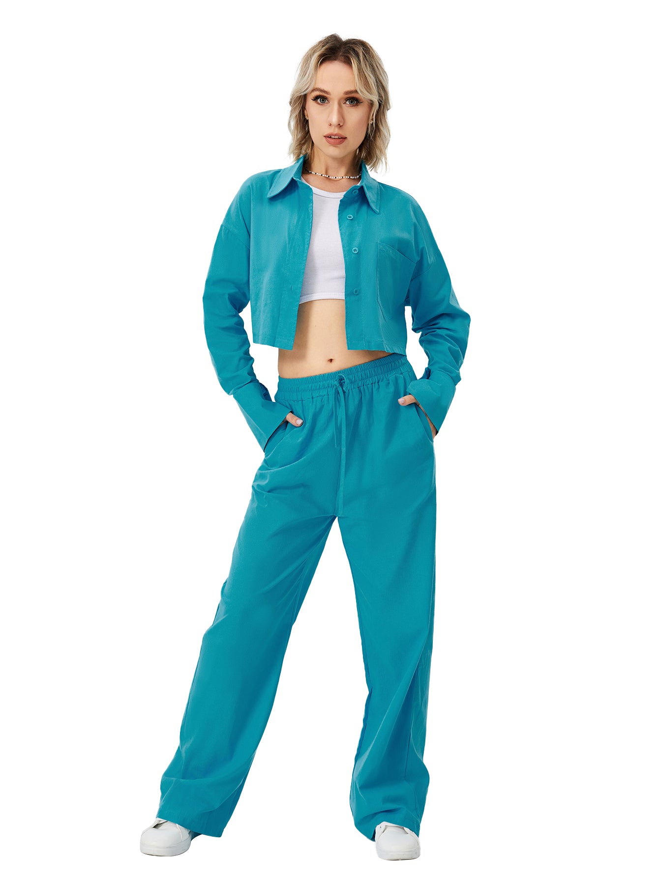 Women's Long Sleeve Button Down Wide Leg Loungewear Two Piece Pajama Set - - Tops & Tees - Carvan Mart