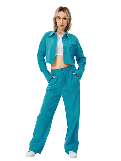 Women's Long Sleeve Button Down Wide Leg Loungewear Two Piece Pajama Set - Carvan Mart