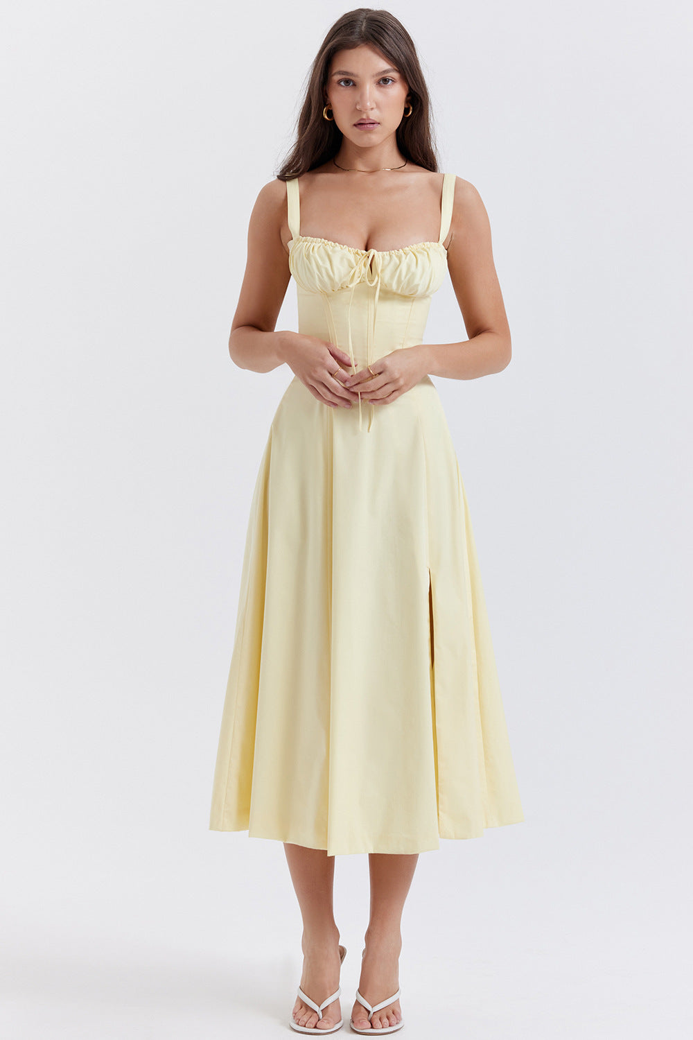 Women's Floral Milkmaid Midi Dress With Straps - Faint yellow - Summer Dresses - Carvan Mart