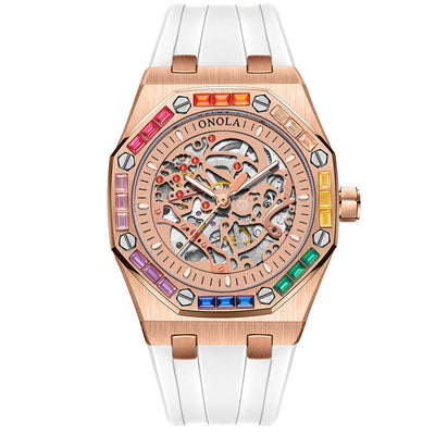 Men's Silicone Band Rainbow Diamond Automatic Mechanical Watch - Rose Rose White - Men's Watches - Carvan Mart