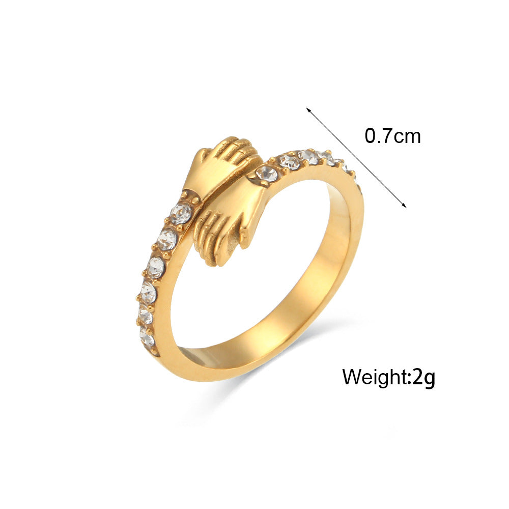 Stainless Steel Hands Hugging Zircon Adjustable Ring - - Women's Rings - Carvan Mart