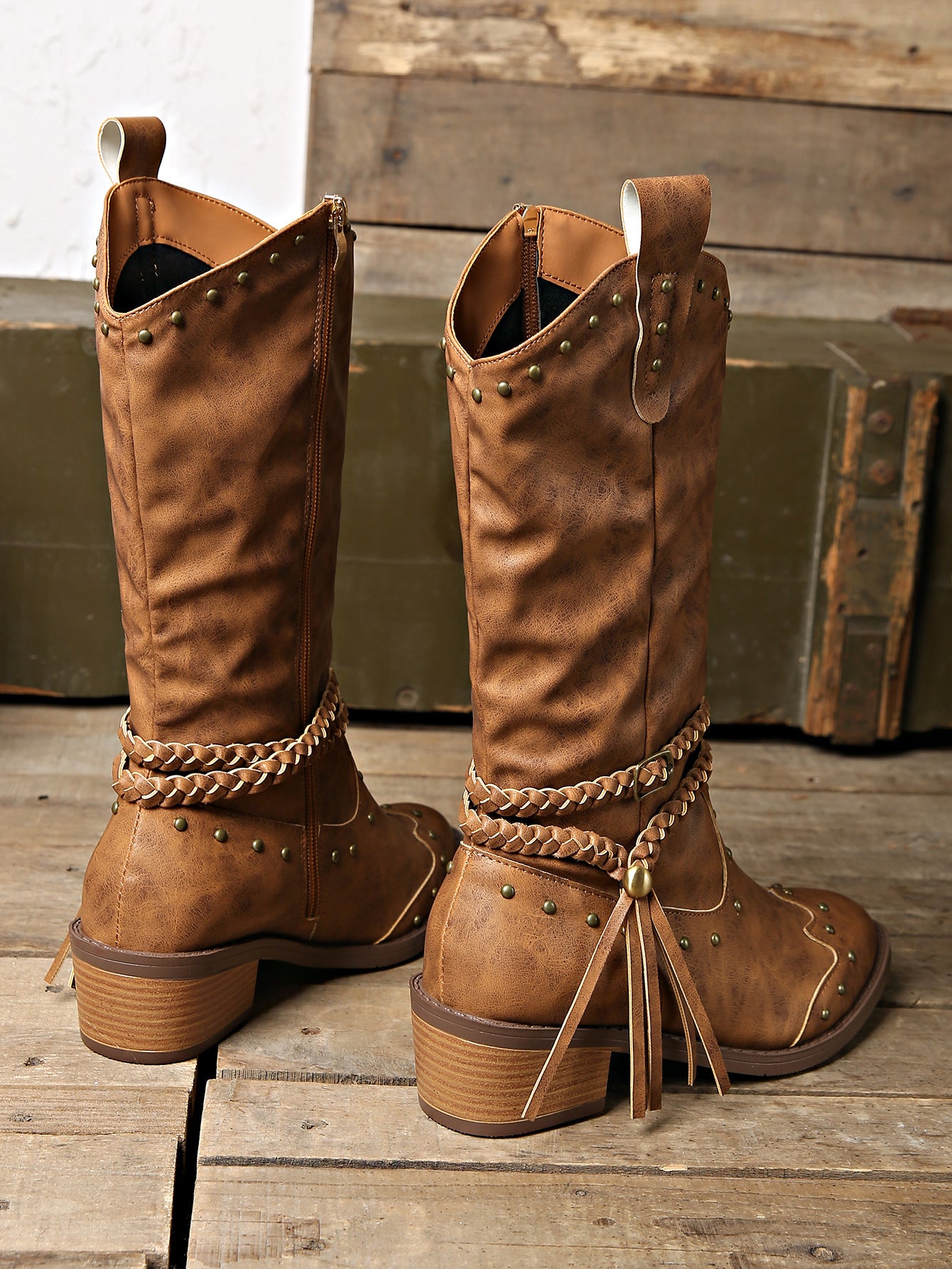 Women's Western Style Mid-Calf Cowboy Boots - Vintage Leather Look with Tassels and Buckles - Carvan Mart