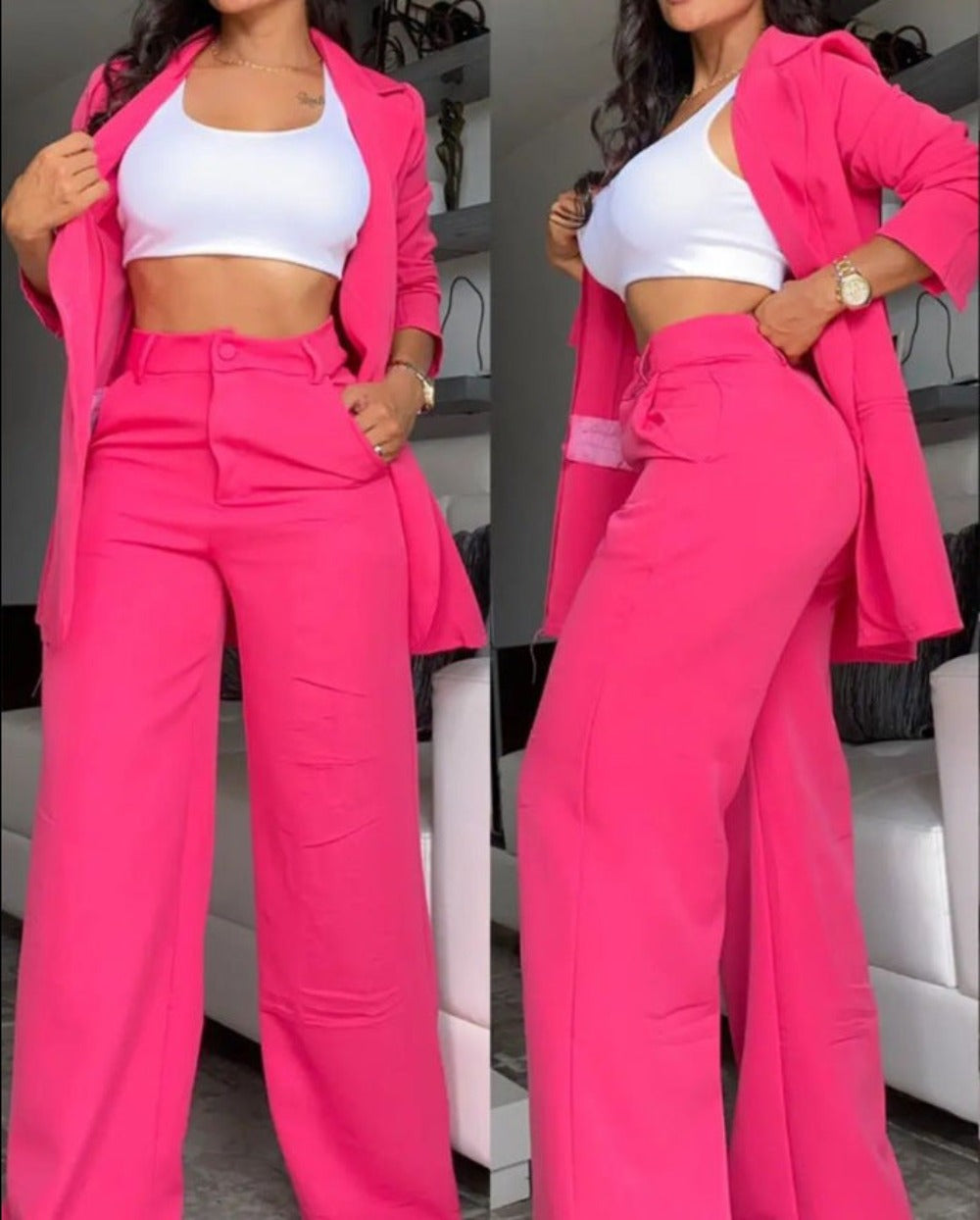 Sleeve Lapel Suit Plain Color Straight-leg Women's Pant Suits - Carvan Mart