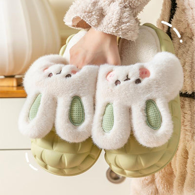 Cute Rabbit Shoes Winter Fuzzy Slippers Women Detachable Washable Shoes - Carvan Mart