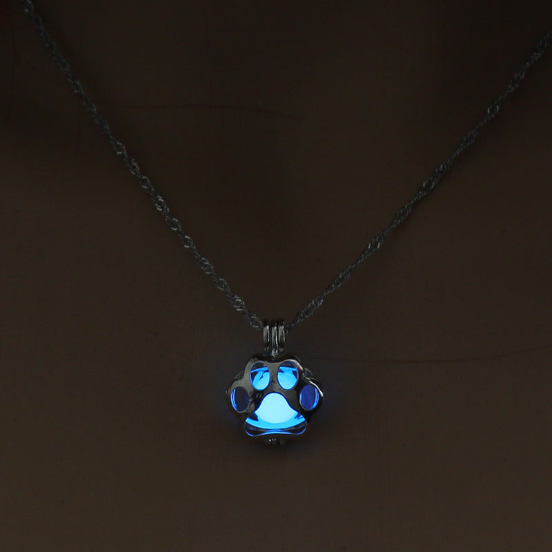 Fashion Jewelry Dog Paw Hollow Luminous Necklace - Sky Blue - Necklaces - Carvan Mart