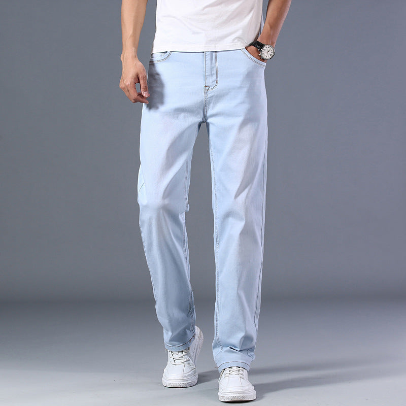 Men's Relaxed Fit Loose Straight Jeans - Comfortable Mid-Waist Cotton Pants - Blue White - Men's Jeans - Carvan Mart