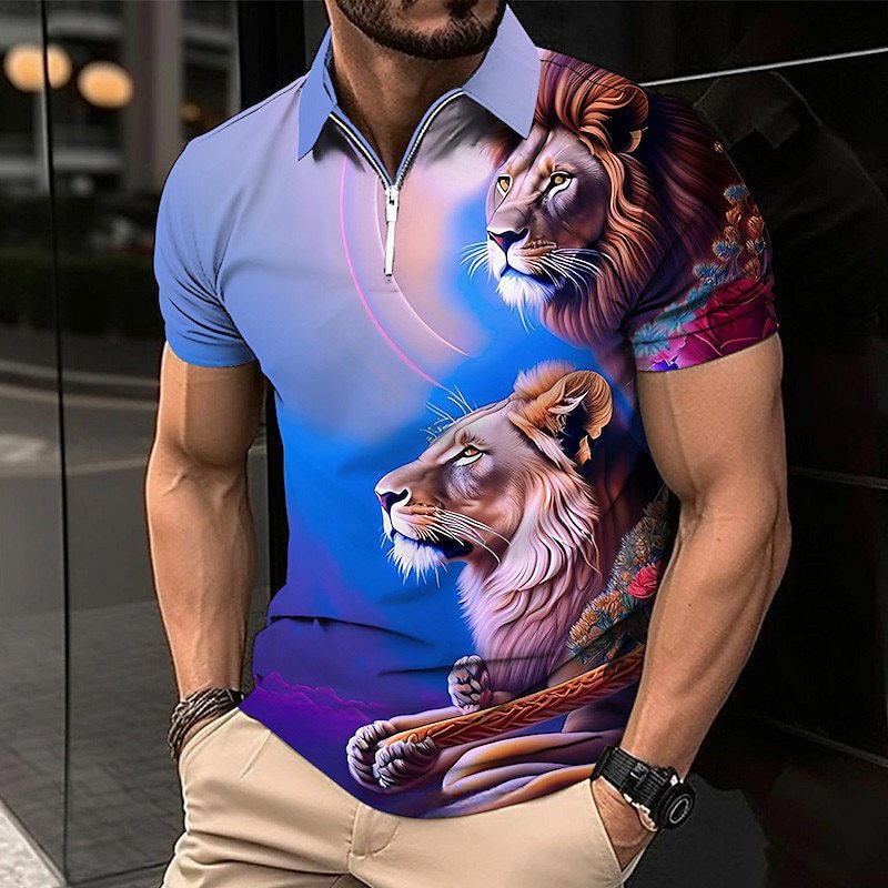 Men's Graphic Lion Print Polo Shirt - Trendy Short Sleeve Casual Top - 3y5YNWJ - Men's Shirts - Carvan Mart