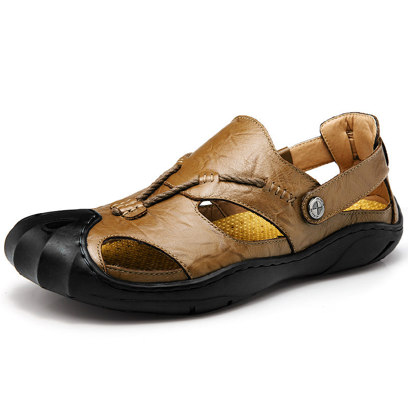 Men's Casual Sandals Outdoor Breathable Leather Sport Beach Shoes - Khaki - Men's Sandals - Carvan Mart