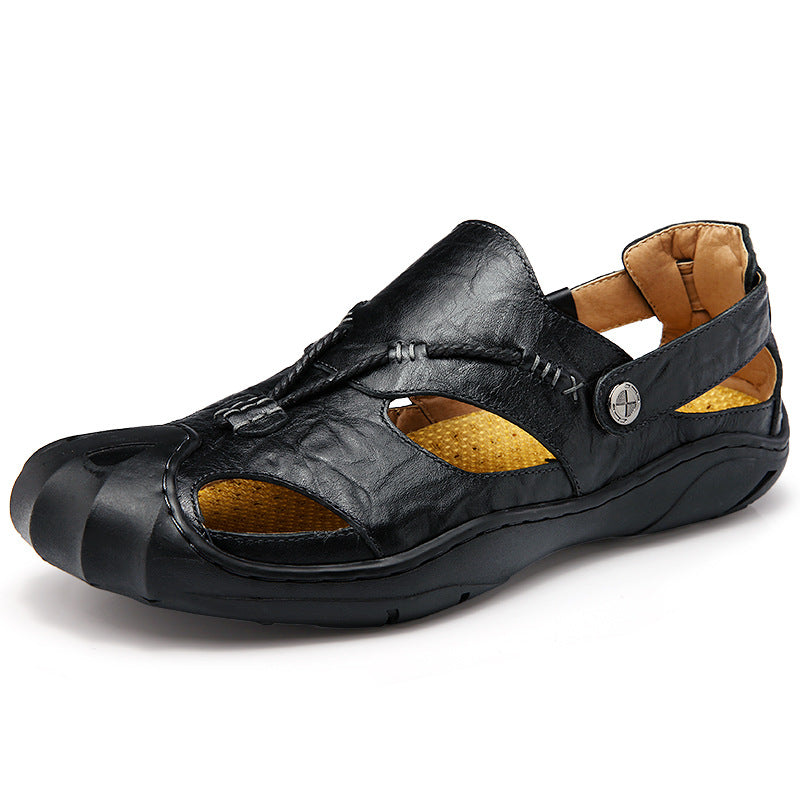 Men's Casual Sandals Outdoor Breathable Leather Sport Beach Shoes - Black - Men's Sandals - Carvan Mart