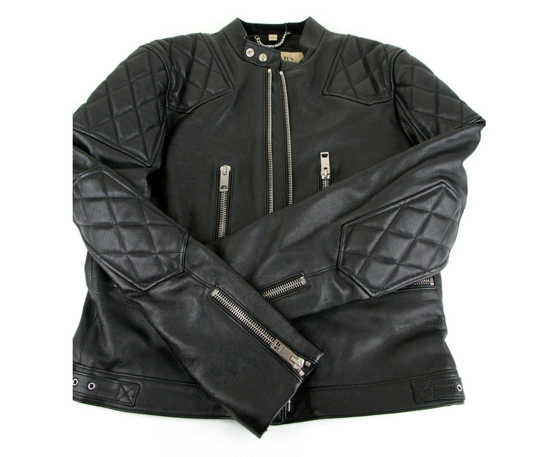 Burberry Men's Black Leather Diamond Quilted Biker Jacket - - - Burberry