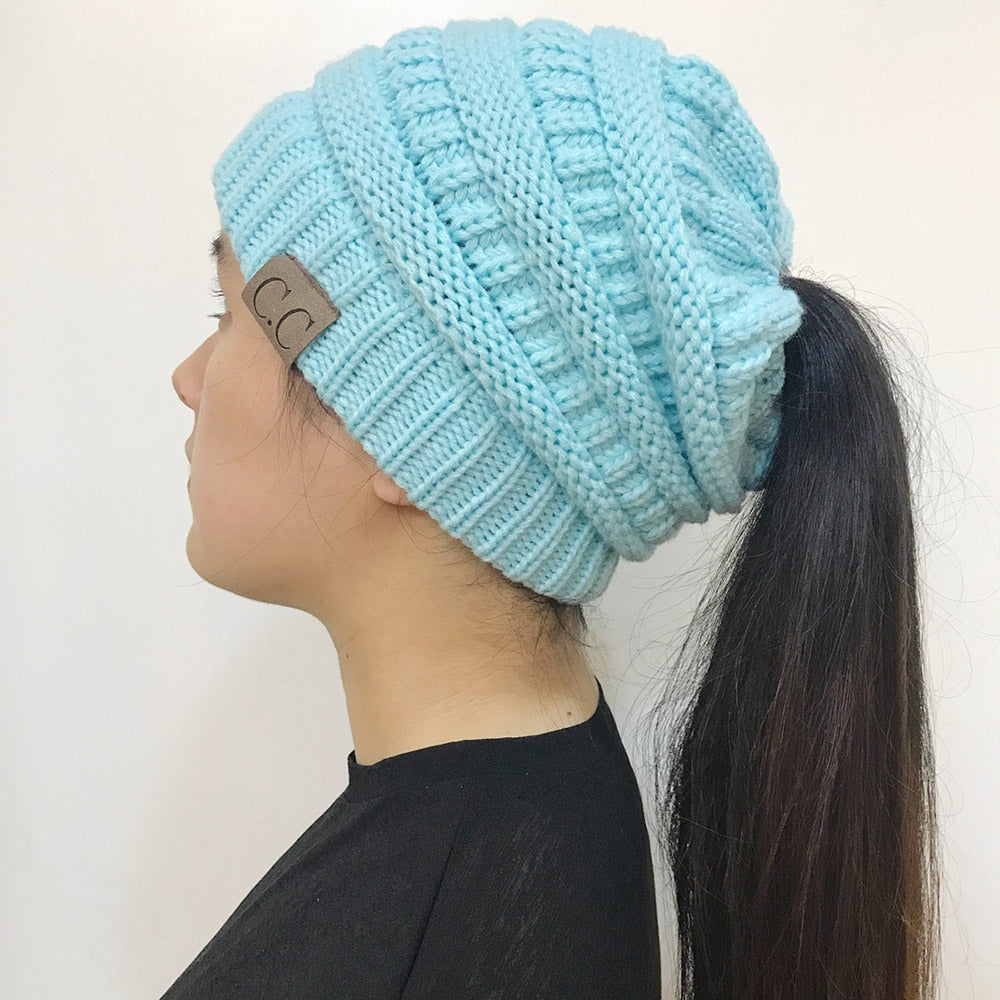 High Bun Ponytail Beanie Hat Chunky Soft Stretch Cable Knit Warm Fuzzy Lined Skull Beanie Acrylic Hats Men And Women - Blue - Women's Hats & Caps - Carvan Mart