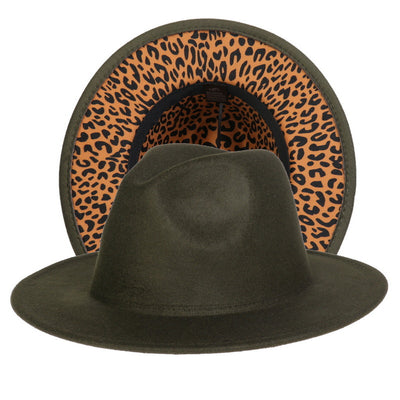 Double-sided Color-blocking Leopard Print Woolen Fedora Hat - Army Green Leopard Print M - Men's Hats & Caps - Carvan Mart