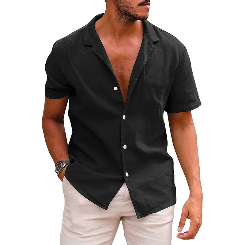 Men's Tops Casual Button Down Shirt Short Sleeve Beach Shirt Summer - Black - Men's Shirts - Carvan Mart