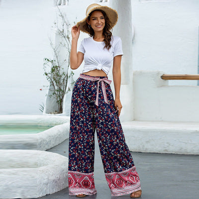 Women’s Palazzo Pants Floral Genome Print Elastic High Waist - Navy blue - Pants & Capris - Carvan Mart