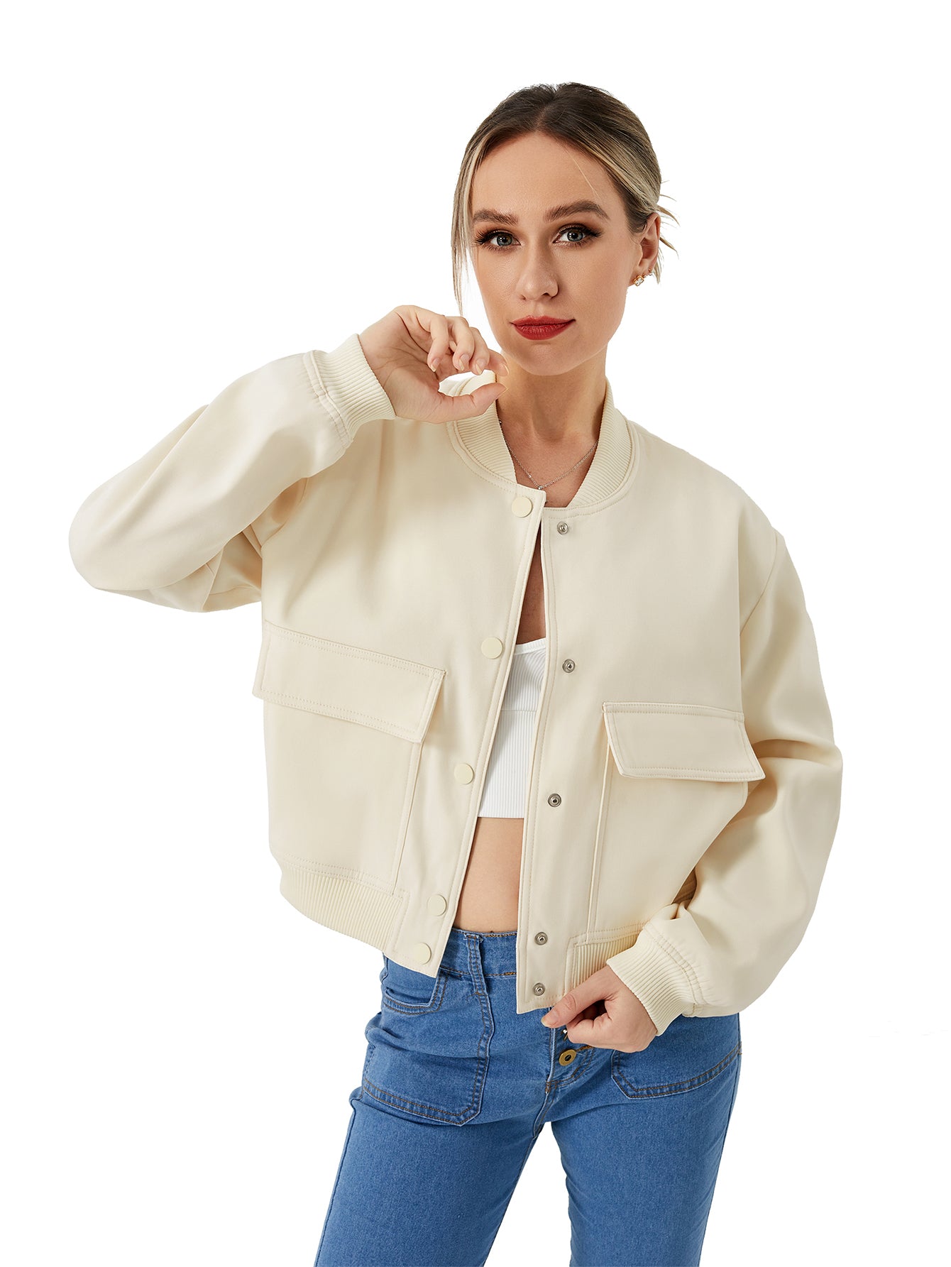 Women's Lightweight Cropped Bomber Jacket - Casual Y2K Streetwear Utility Coat - White - Women's Coats & Jackets - Carvan Mart