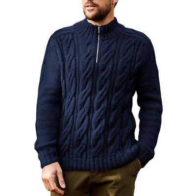 Men's Knitted Solid Color Half High Neck Long Sleeve Sweater - Fit Type with Ribbed Hem - Navy Blue - Men's Sweaters - Carvan Mart