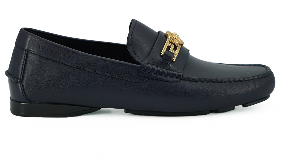 Versace Elegant Navy Blue Calf Leather Loafers - - - Versace