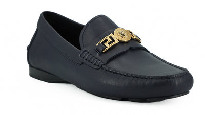 Versace Elegant Navy Blue Calf Leather Loafers - - - Versace