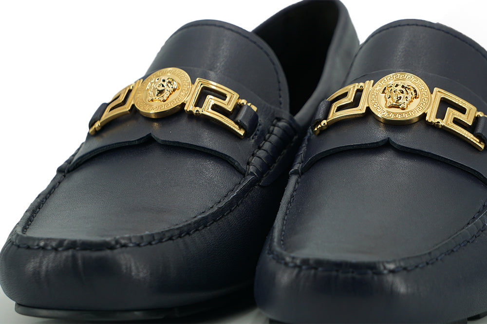 Versace Elegant Navy Blue Calf Leather Loafers - - - Versace