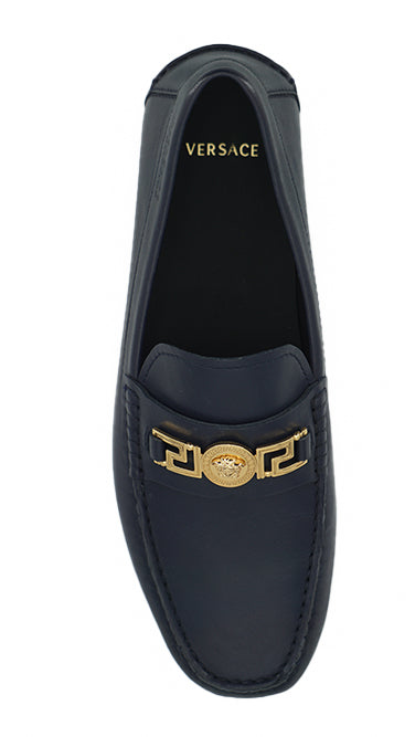 Versace Elegant Navy Blue Calf Leather Loafers - - - Versace