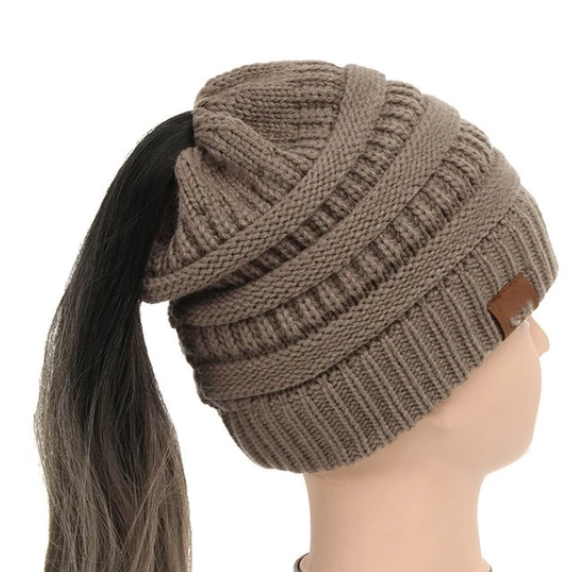 High Bun Ponytail Beanie Hat Chunky Soft Stretch Cable Knit Warm Fuzzy Lined Skull Beanie Acrylic Hats Men And Women - Khaki - Women's Hats & Caps - Carvan Mart