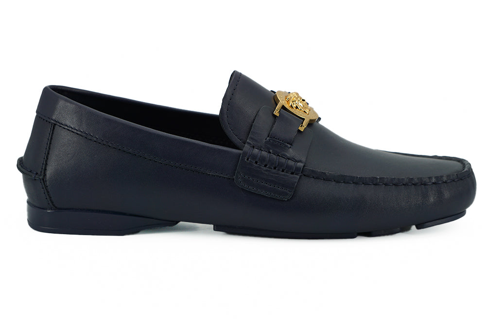 Versace Elegant Navy Blue Calf Leather Loafers - - - Versace